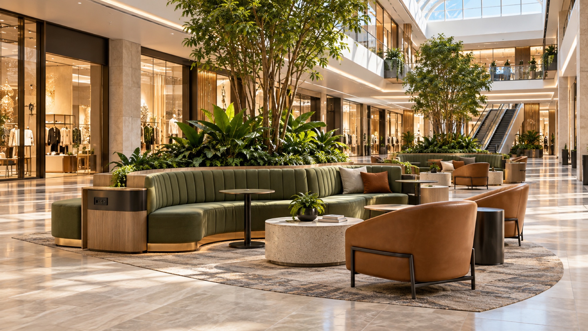 Capability concept showing premium modular mall seating around integrated planters