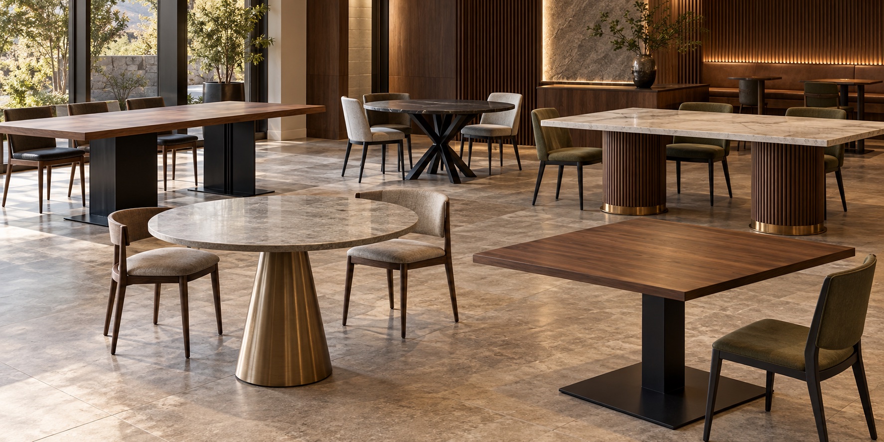 Capability concept showing custom restaurant tables with varied tops, edge profiles and commercial bases